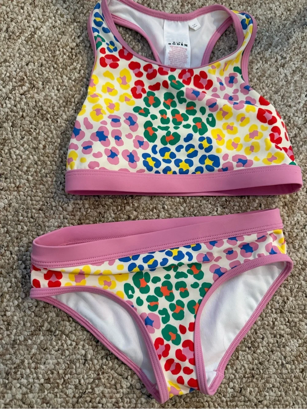 Boden Kids Rainbow Leopard-Style Bikini with Pink Trim